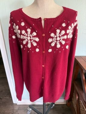 Eddie Bauer Red Angora Rabbit Blend Snowflake Cardigan Sweater Size Large Tall